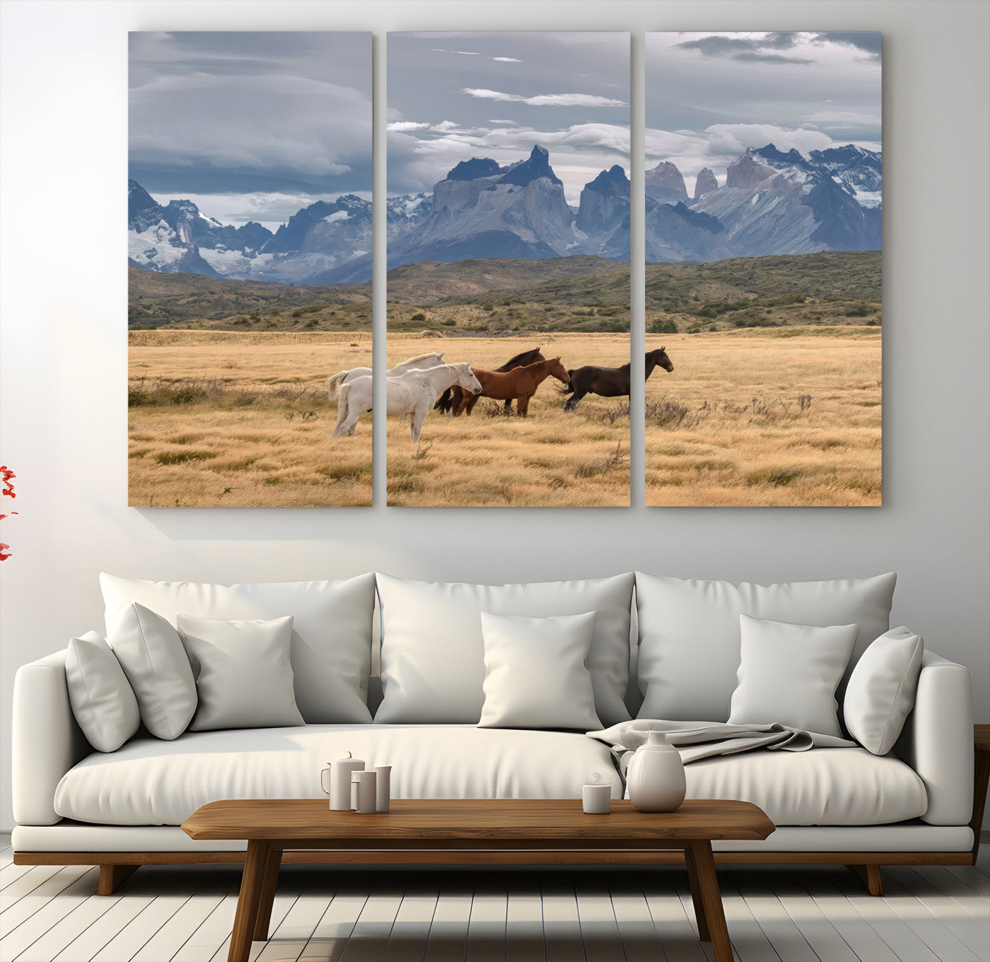 69960232-MGV-CV-48X32-3P-Horses Grazing Wall Art Canvas Print – Framed Mountain Field Scenic Landscape Cloudy Sky Nature Artwork for Home Office