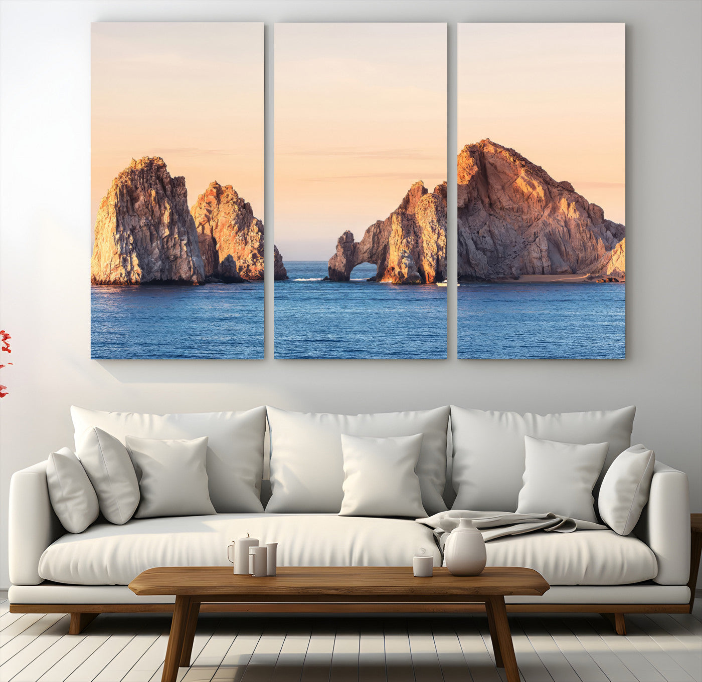 72996116-MGV-CV-48X32-3P-El Arco Wall Art Canvas Print, Framed Cabo Rocks Art Picture Print, Ocean Arch Perfect Golden Coastal Landmark Decor, The Arch Canvas Print