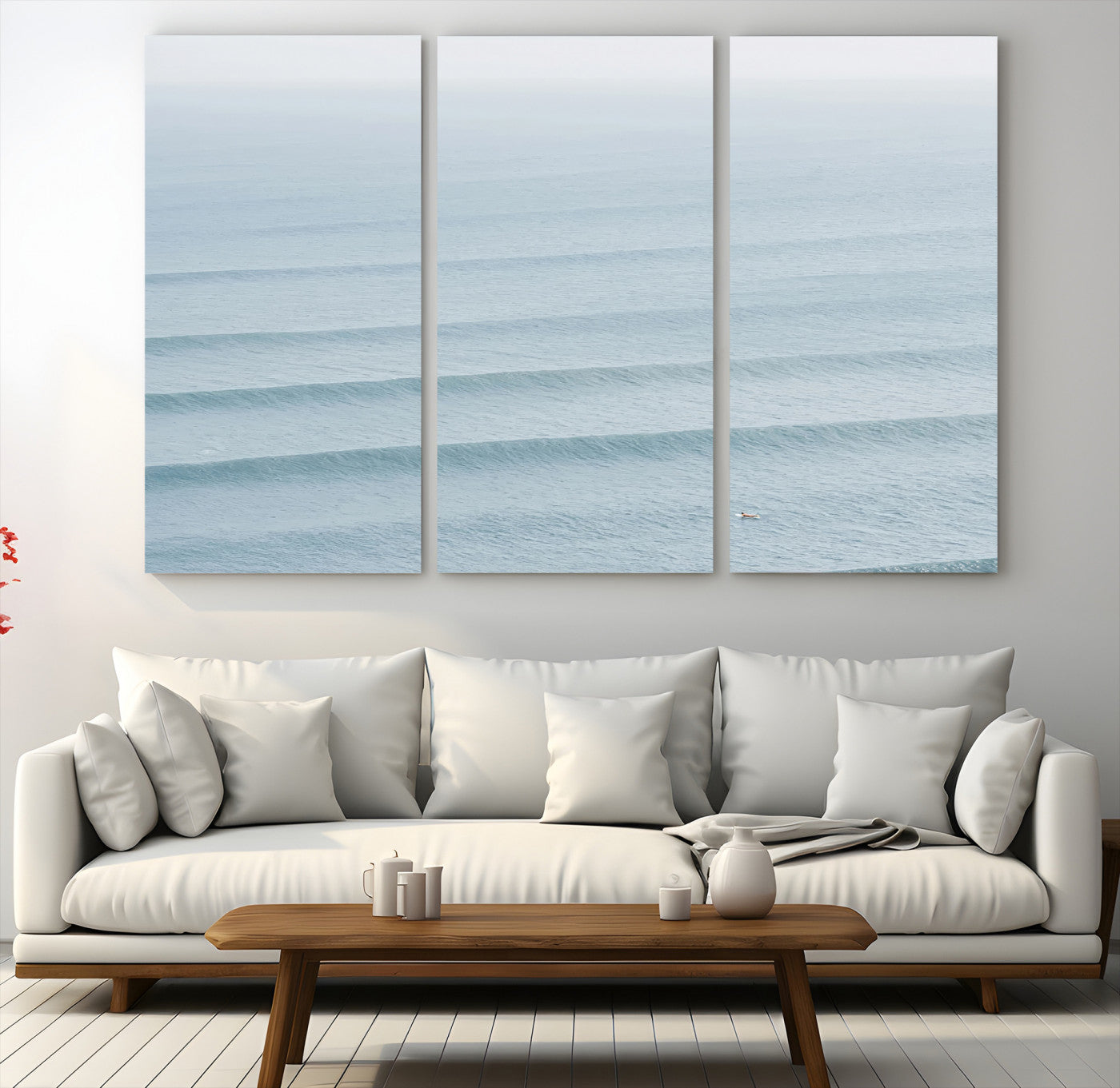 47814787-MGV-CV-48X32-3P-Ocean Waves Wall Art Canvas Print – Framed Solo Surfer Wave Lines Coastal Seascape Nature Artwork for Home Office