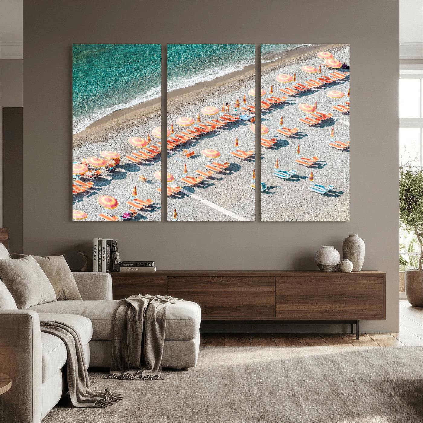 27805351-MGV-CV-36X24 - Beach Umbrellas Wall Art – Orange Loungers & Turquoise Water Canvas Print, Sandy Shore and Summer Vibes