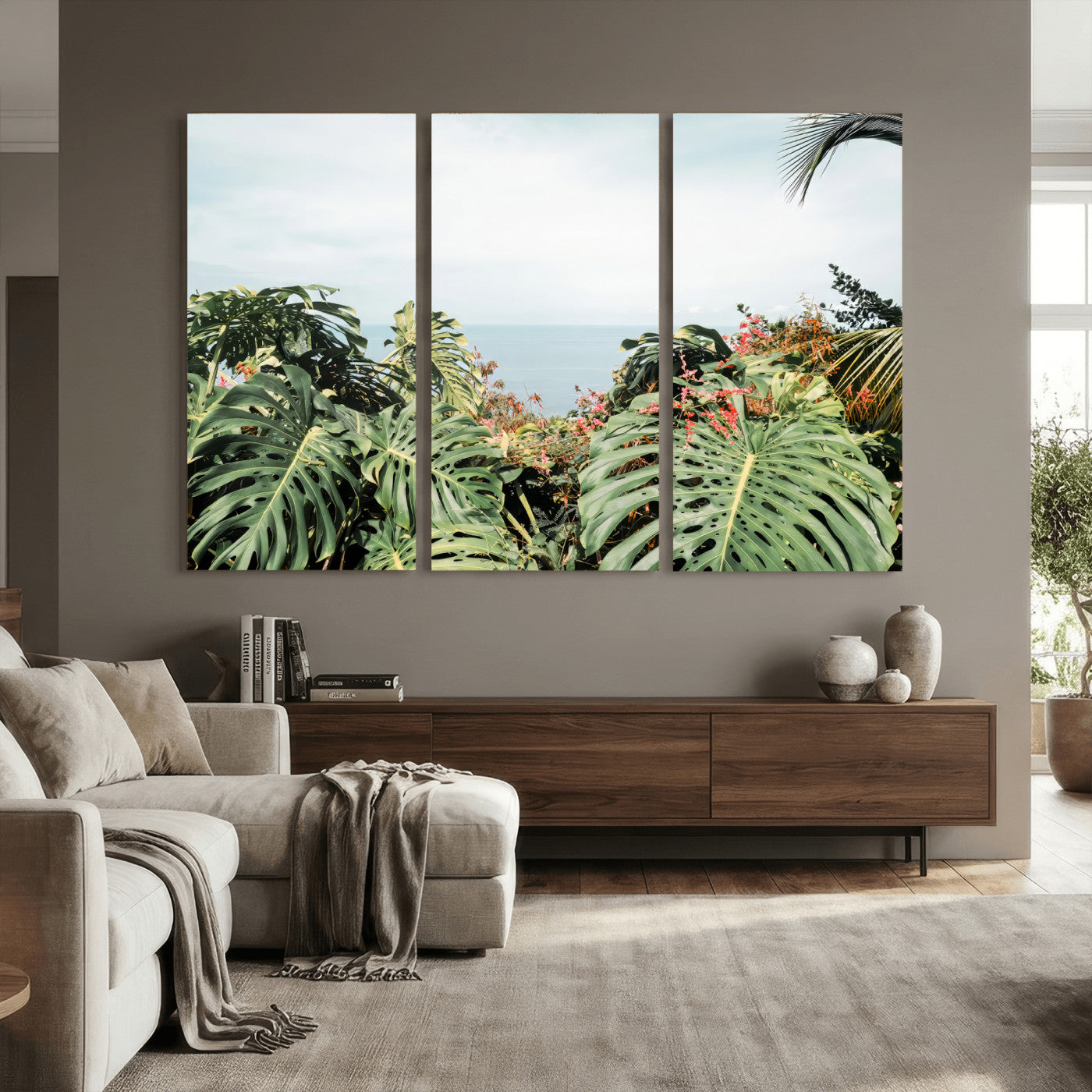 45700479-MGV-CV-36X24 - Tropical Greenery Wall Art – Exotic Leaves & Ocean View Canvas Print, Sunlit Paradise and Vibrant Nature for Living Room or Coastal Decor