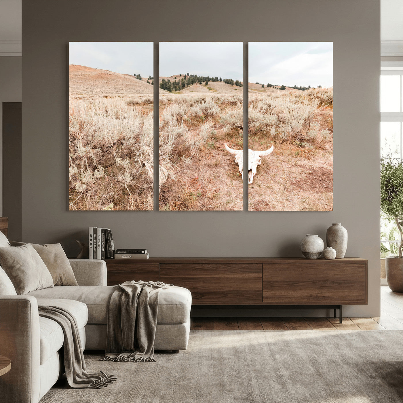 97234735-MGV-CV-36X24 - Desert Skull Wall Art – Arid Landscape & Sagebrush Canvas Print, Rustic Nature and Earth Tones for Living Room or Minimalist Decor
