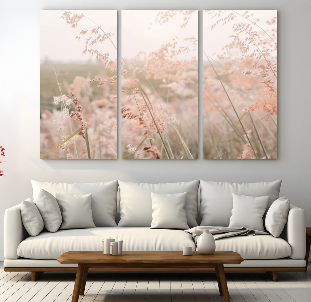 Pastel Grasses Wall Art Canvas Print, Soft Meadow Print, Framed Field in Breeze Art Print, Large Pink Meadow Printing Soft Pastel