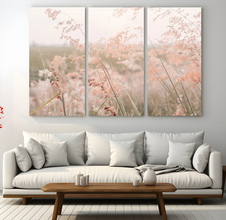 Pastel Grasses Wall Art Canvas Print, Soft Meadow Print, Framed Field in Breeze Art Print, Large Pink Meadow Printing Soft Pastel