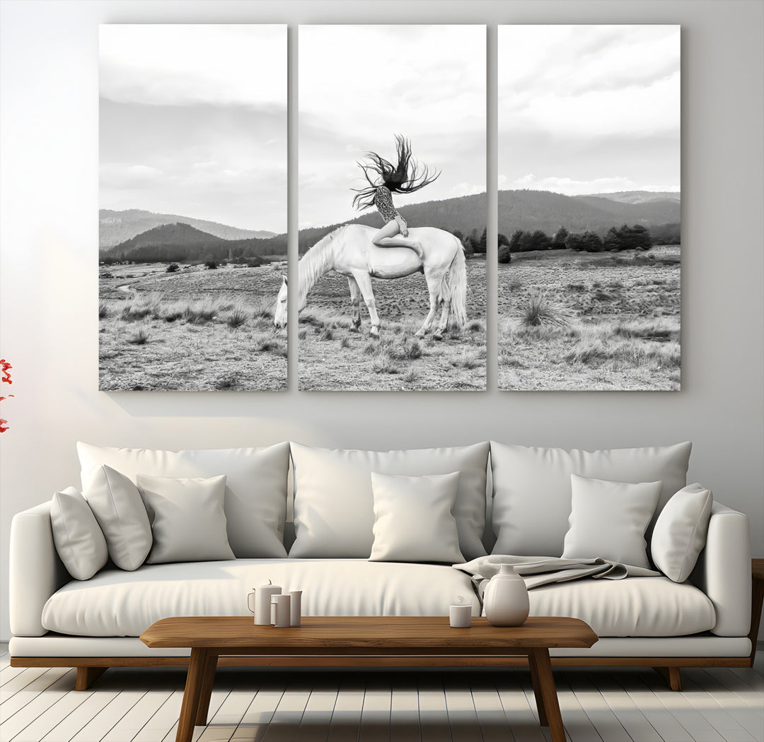 White Horse Wall Art Canvas Print, Woman Rider Print, Framed Equestrian Pose Art Print, Large Grazing Horse Printing Western Boho