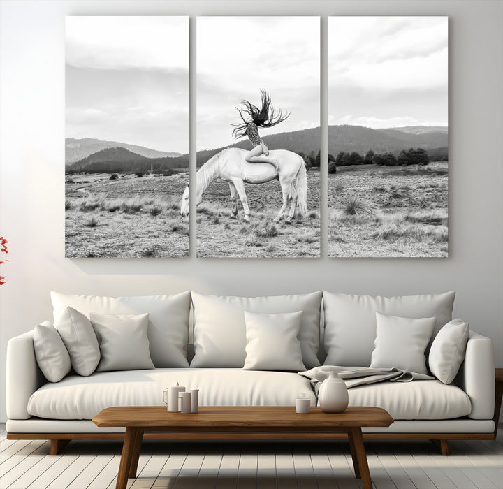 White Horse Wall Art Canvas Print, Woman Rider Print, Framed Equestrian Pose Art Print, Large Grazing Horse Printing Western Boho