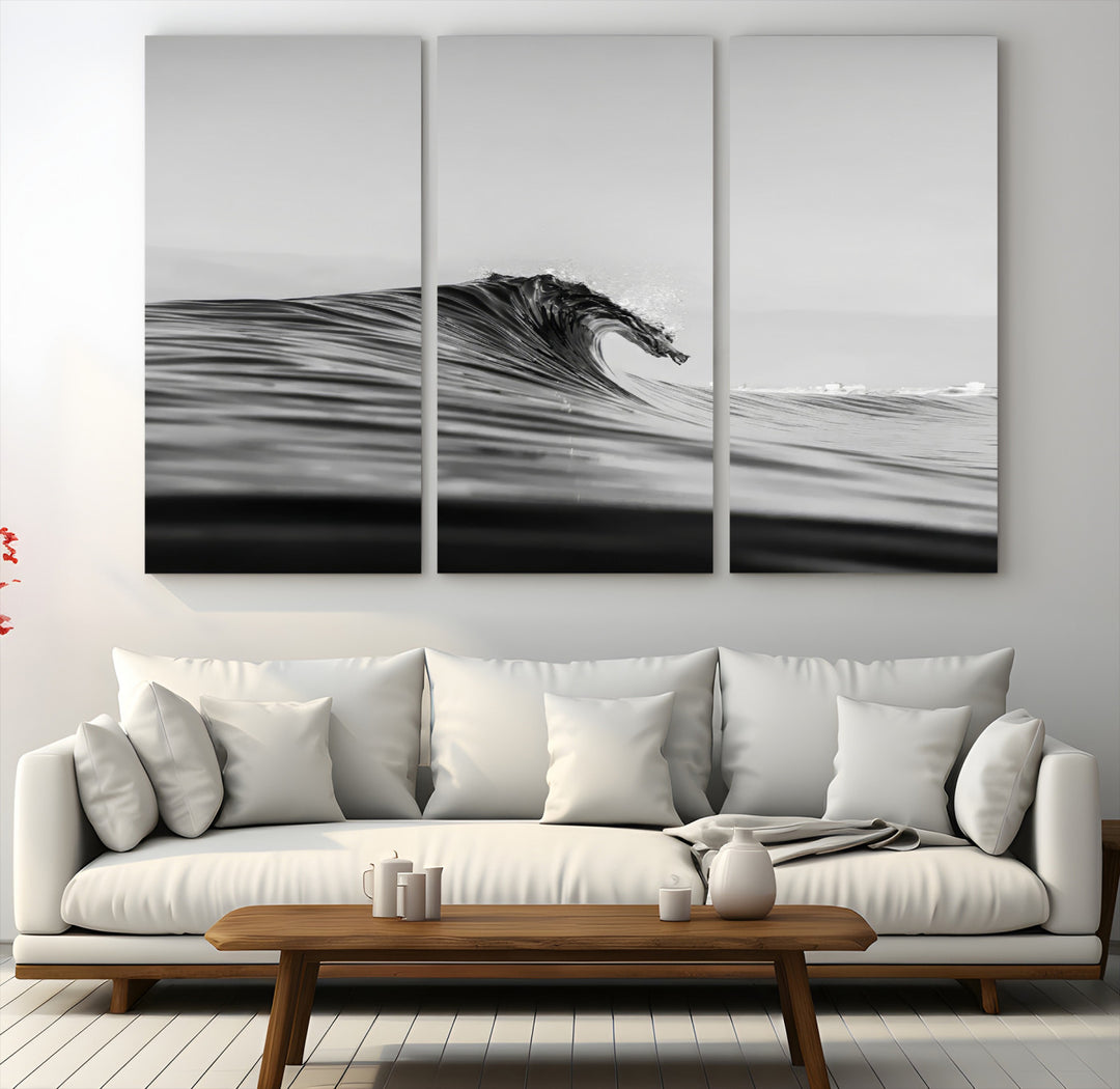 Black Wave Wall Art Canvas Print, Abstract Surf Print, Framed Minimalist Ocean Art Print, Large Black Water Printing Minimalist