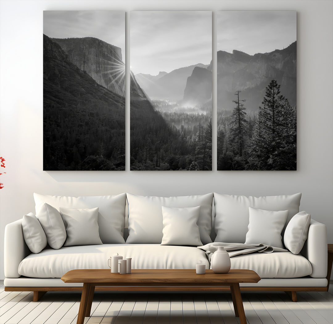 Yosemite Valley Wall Art Canvas Print, El Capitan Sunrise Print, Framed Misty Mountain Art Print, Large Monochrome Valley Printing
