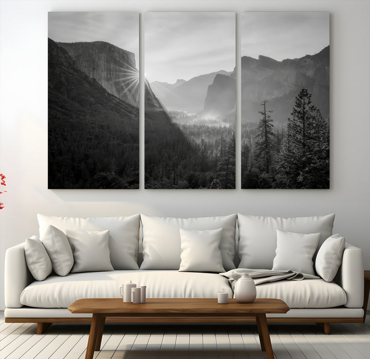 Yosemite Valley Wall Art Canvas Print, El Capitan Sunrise Print, Framed Misty Mountain Art Print, Large Monochrome Valley Printing