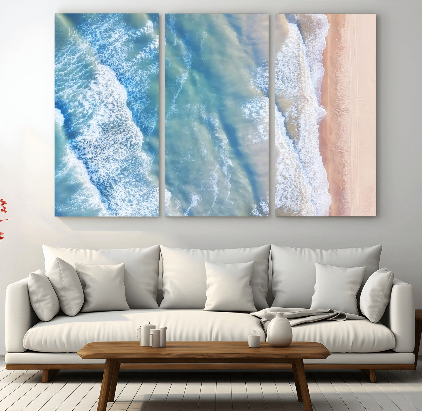 17641845-MGV-CV-48X32-3P-Aerial Ocean View Wall Art Canvas Print – Framed Soft Blue Waves Sandy Shoreline Modern Coastal Artwork for Home Office