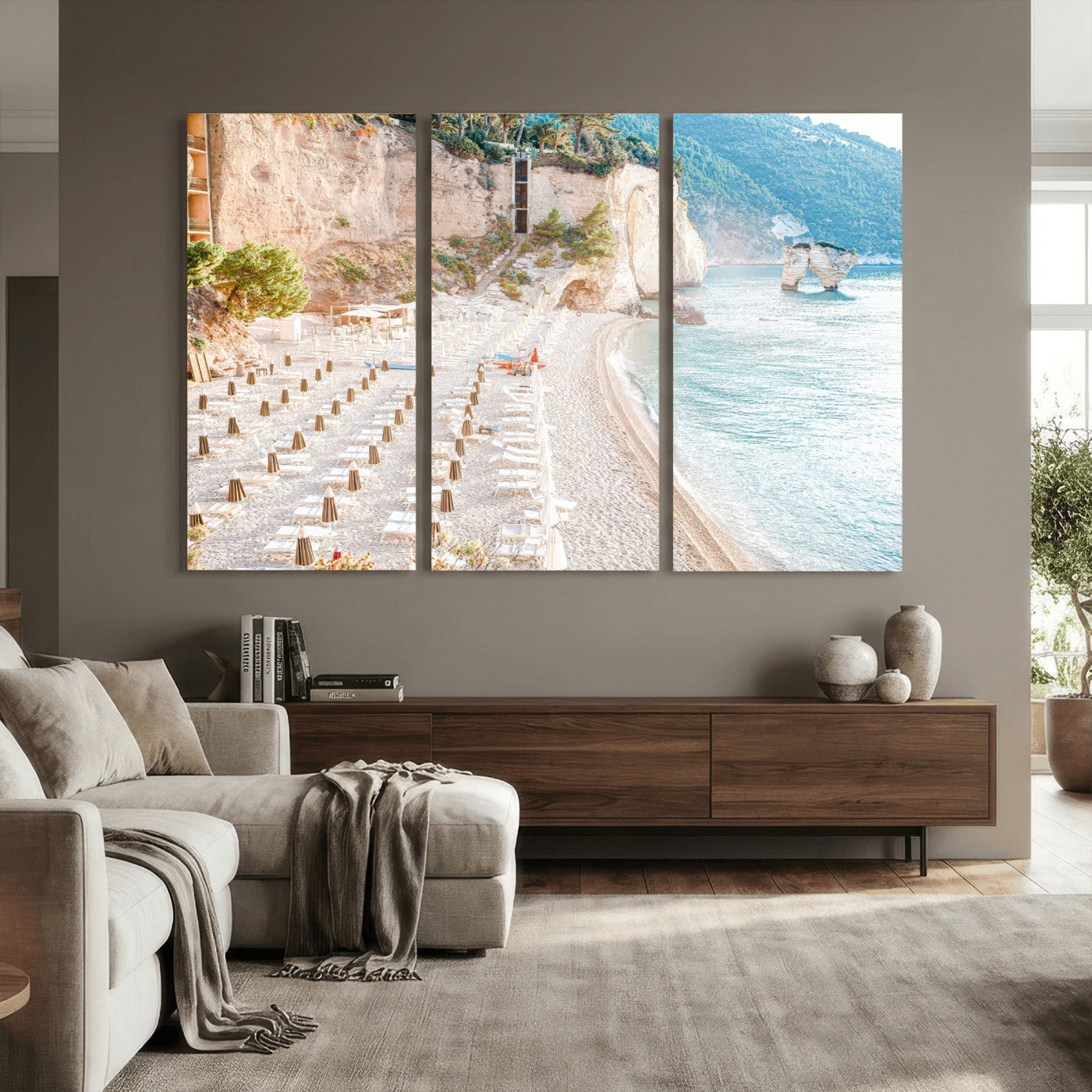 84816639-MGV-CV-36X24 - Sunny Beach Wall Art – Chairs & Umbrellas Canvas Print, Clear Water, Rocky Cliffs, Coastal Calm for Living Room or Vacation Home Decor