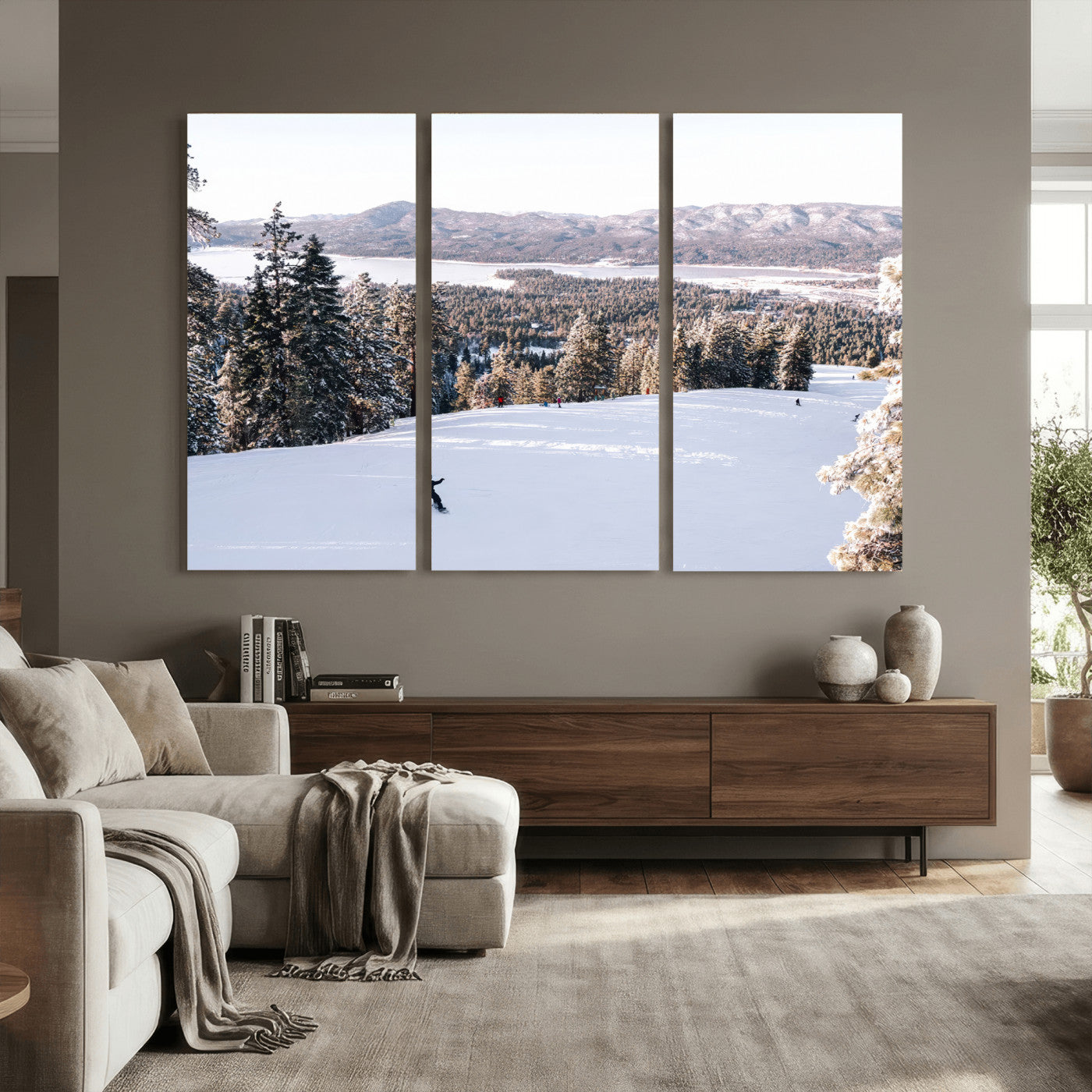 79857868-MGV-CV-36X24 - Snowboarder Wall Art – Winter Slope Canvas Print, Pine Forest, Snow-Covered Mountains, Outdoor Adventure for Living Room or Cabin Decor