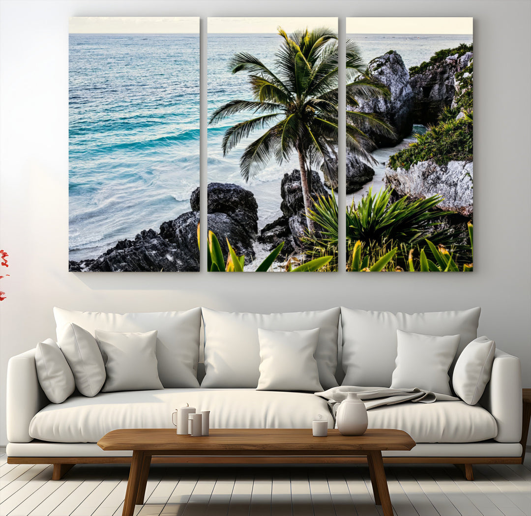 Framed canvas of a vibrant tropical coastline with palm trees, rocky cliffs, and turquoise waters, ideal for tropical coastal home decor.