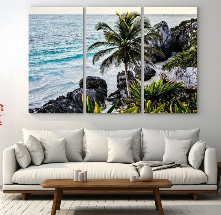 Framed canvas of a vibrant tropical coastline with palm trees, rocky cliffs, and turquoise waters, ideal for tropical coastal home decor.
