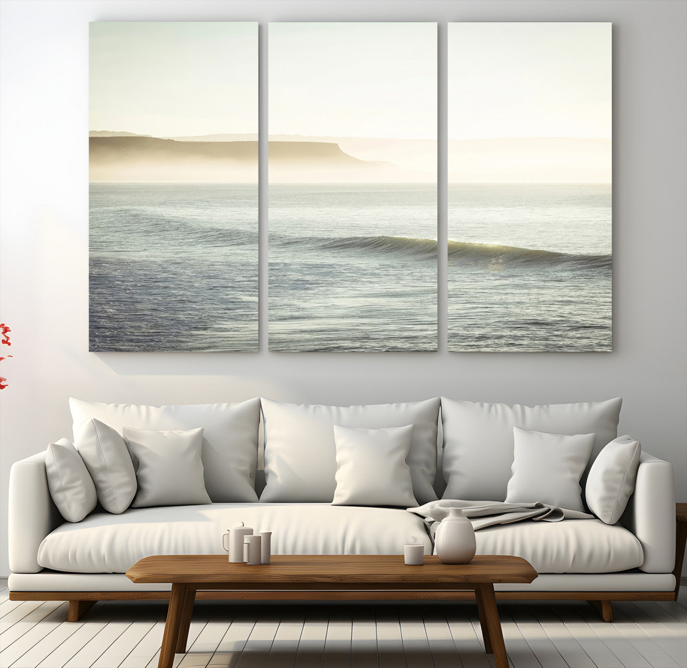 39310633-MGV-CV-48X32-3P-Coastal Cliffs Wall Art Canvas Print – Misty Ocean Seascape Framed Soft Morning Light Nature Artwork for Home Office