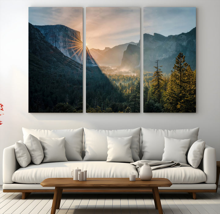 Canvas of Yosemite Valley at sunrise with dramatic rays and earthy tones, perfect for vintage explorer or wilderness-themed home decor.