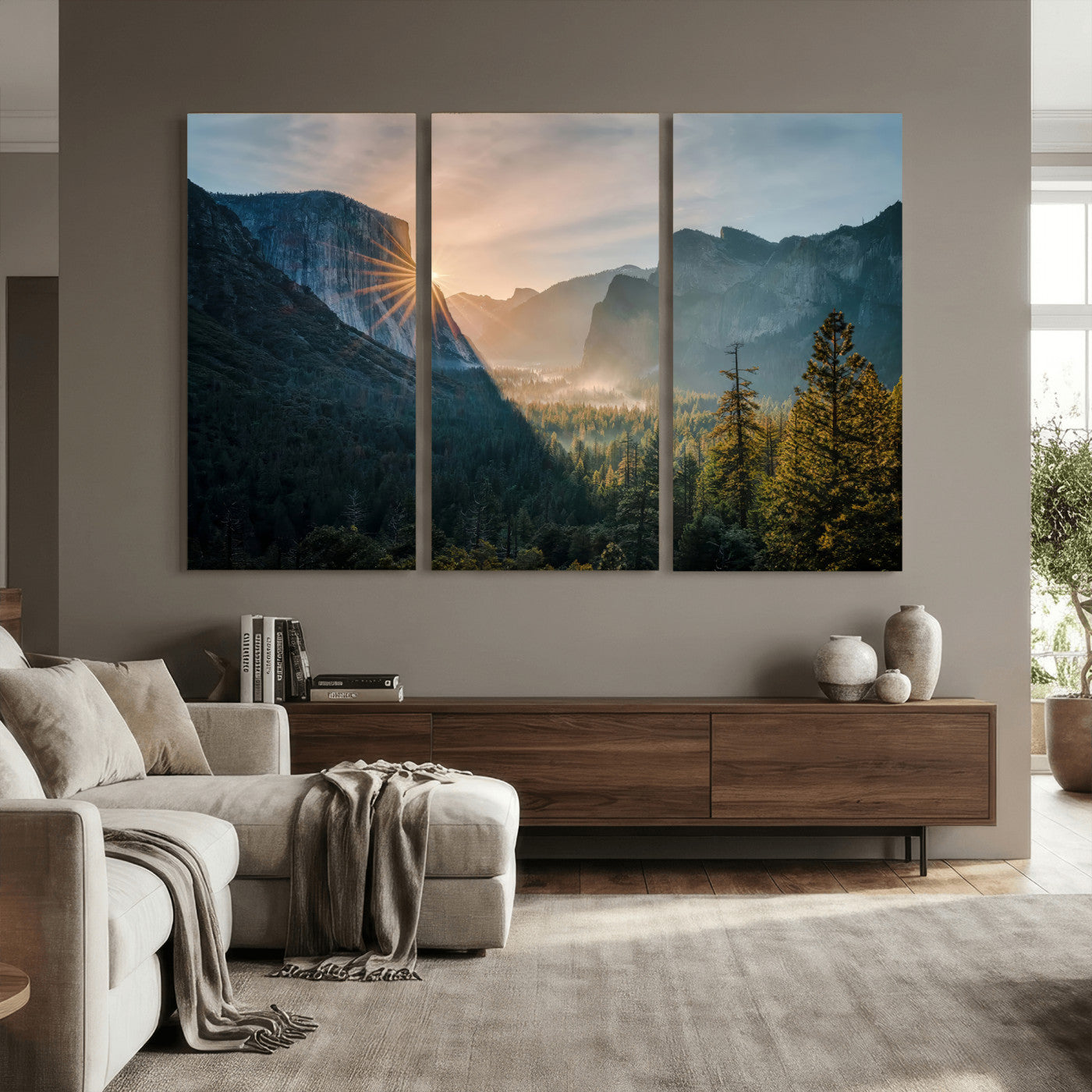 51605481-MGV-CV-36X24 - Yosemite Valley Wall Art – Misty Forest Peaks Canvas Print, Radiant Light, Tranquil Nature Landscape for Living Room or Cabin Decor