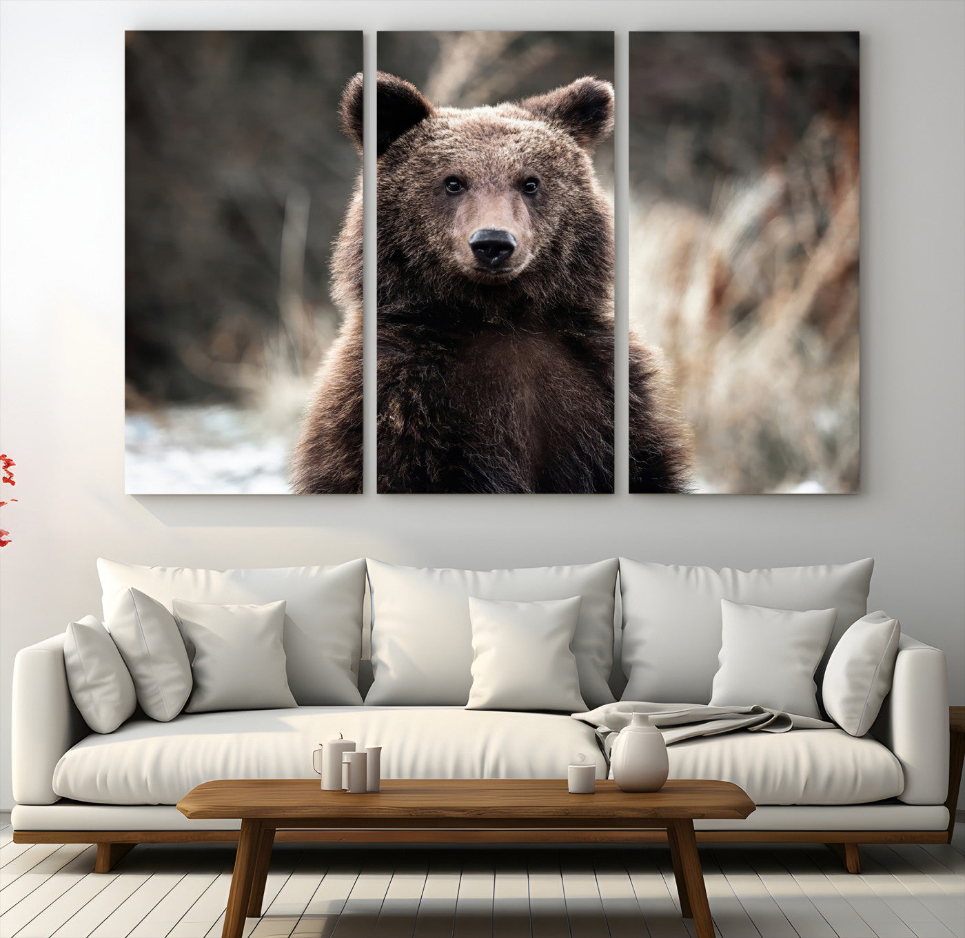 47112103-MGV-CV-48X32-3P-Brown Bear Wall Art Canvas Print – Framed Majestic Woodland Wildlife Scene Artwork for Cabin, Home, Office, Living Room