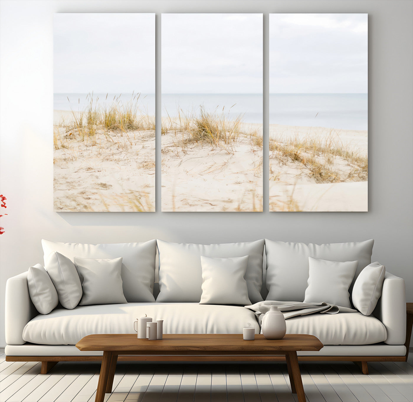 13146857-MGV-CV-48X32-3P-Beach Dunes Wall Art Canvas Print – Framed Serene Coastal Grass and Sand Scene Artwork for Home, Office, Living Room