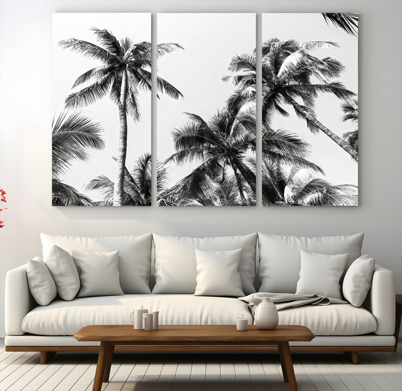 46641801-MGV-CV-48X32-3P-Palm Wall Art Canvas Print – Framed Monochrome Tropical Scene Artwork for Minimalist Home, Office, Living Room Decor