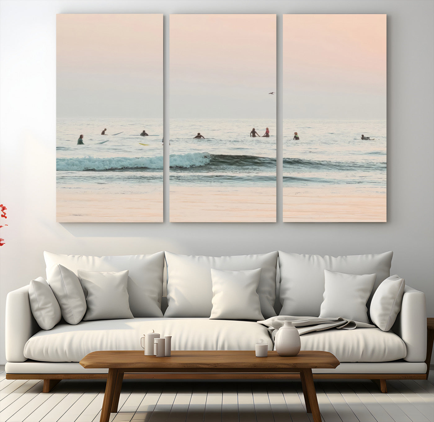98888919-MGV-CV-48X32-3P-Pastel Ocean Wall Art Canvas Print, Framed Soft Sunset Art Picture Print, Calm Sea Perfect minimalist Decor