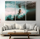 85923512-MGV-CV-48X32-3P-Vibrant Aquatic Motion Wall Art Canvas Print, Framed Underwater Swimming Art Picture Print, Female Surfer Diving Perfect Coastal Boho Decor,