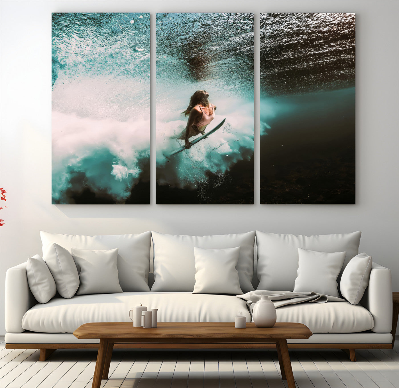 85923512-MGV-CV-48X32-3P-Vibrant Aquatic Motion Wall Art Canvas Print, Framed Underwater Swimming Art Picture Print, Female Surfer Diving Perfect Coastal Boho Decor,