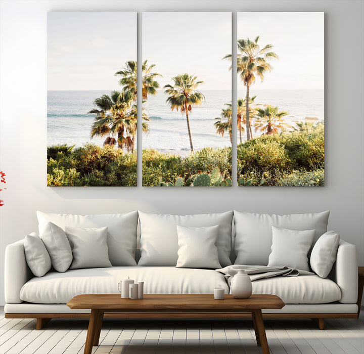 Framed print of sunlit palm trees on the California coast with warm tones, perfect for coastal minimalist or beach-style home decor.