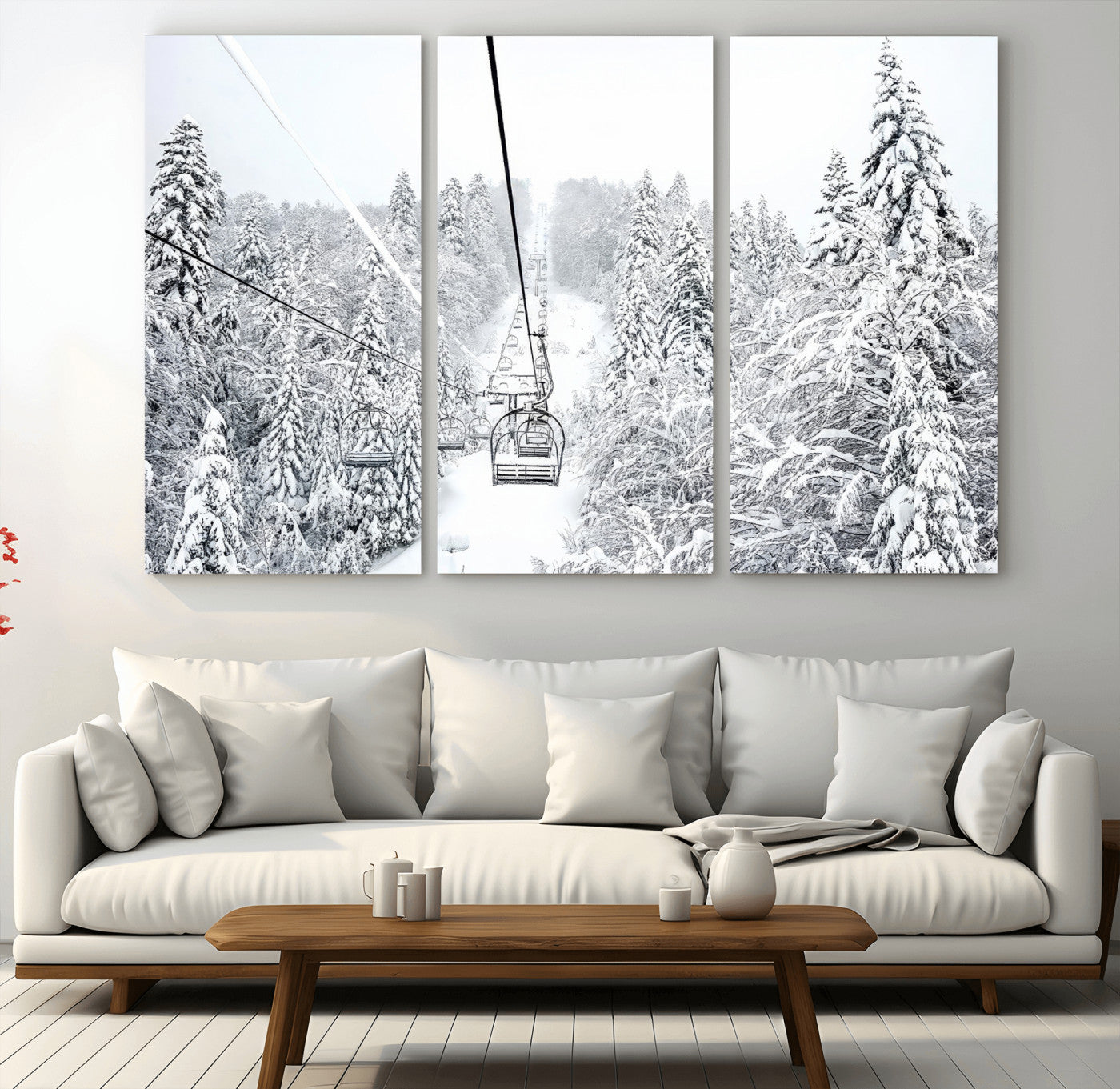 44705668-MGV-CV-36X24-Snowy Ski Lift Wall Art – Framed Winter Mountain Canvas Artwork, Serene Forest Design, Modern Nature Decor for Home, Office