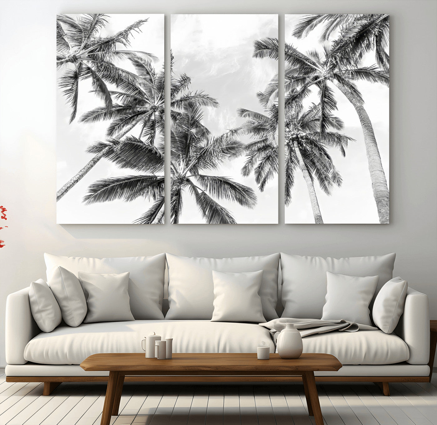 MGV-CV-48X32-3P - Black White Palm Wall Art Canvas Print, Framed Monochrome Tropics Art Picture Print, Minimalist Beach Perfect Coastal Minimalist Decor Artwork