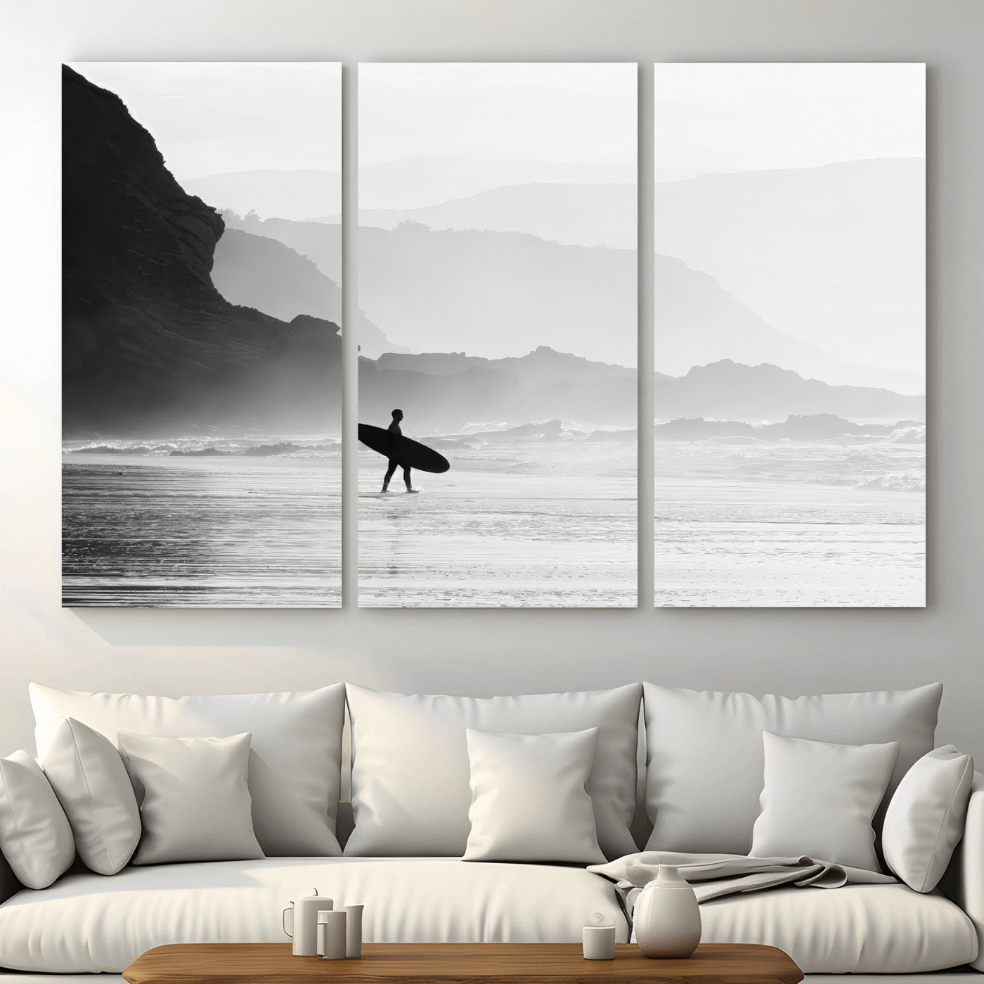 MGV-CV-48X32-3P - Surfer In Fog Wall Art Canvas Print, Framed Moody Shoreline Art Picture Print, Cliffside Waves Perfect Minimalist Coastal Decor Artwork
