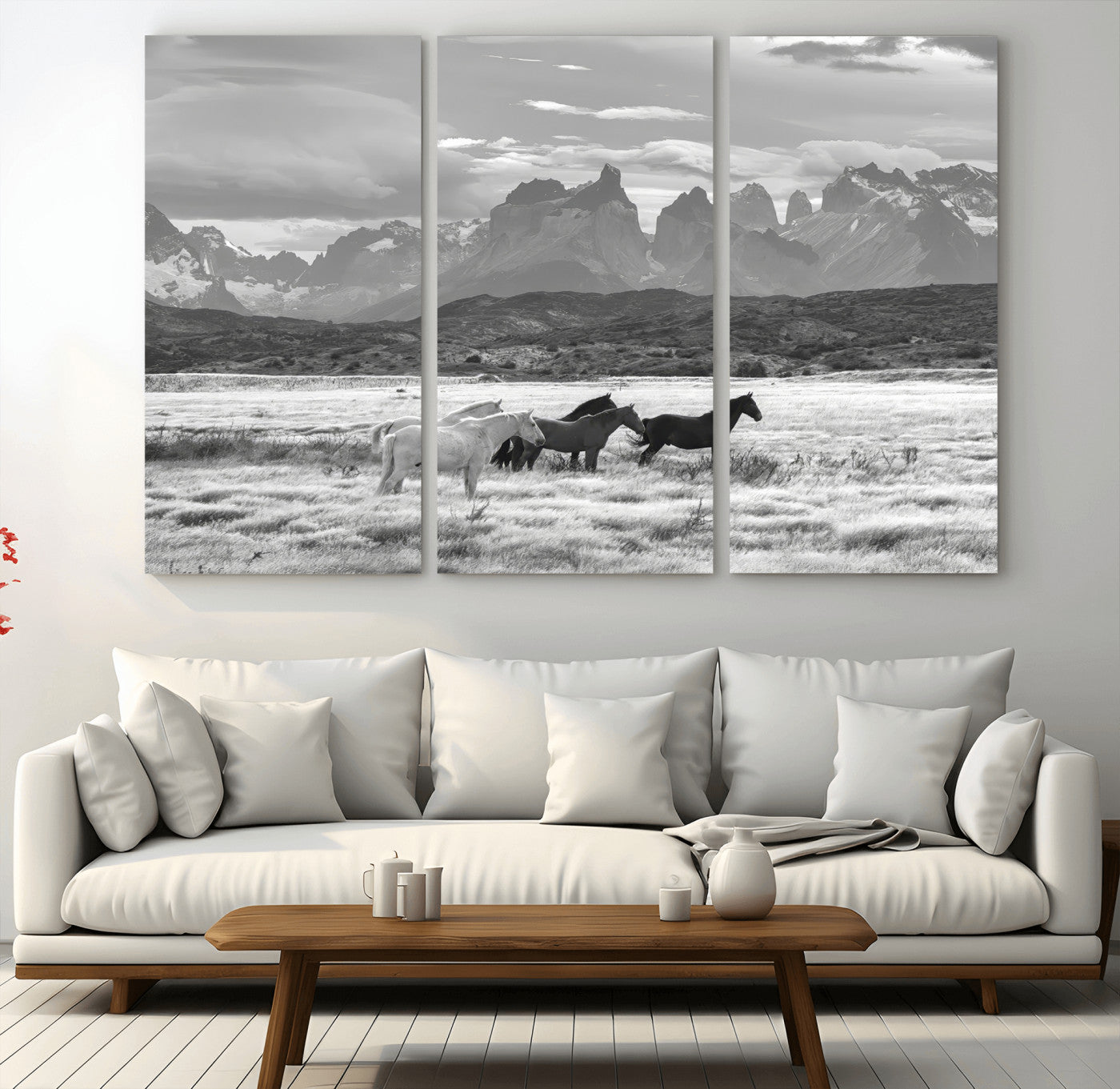 MGV-CV-48X32-3P - Wild Horses Wall Art Canvas Print, Framed Black White Mountains Art Picture Print, Rustic Countryside Perfect Rustic Western Decor Artwork