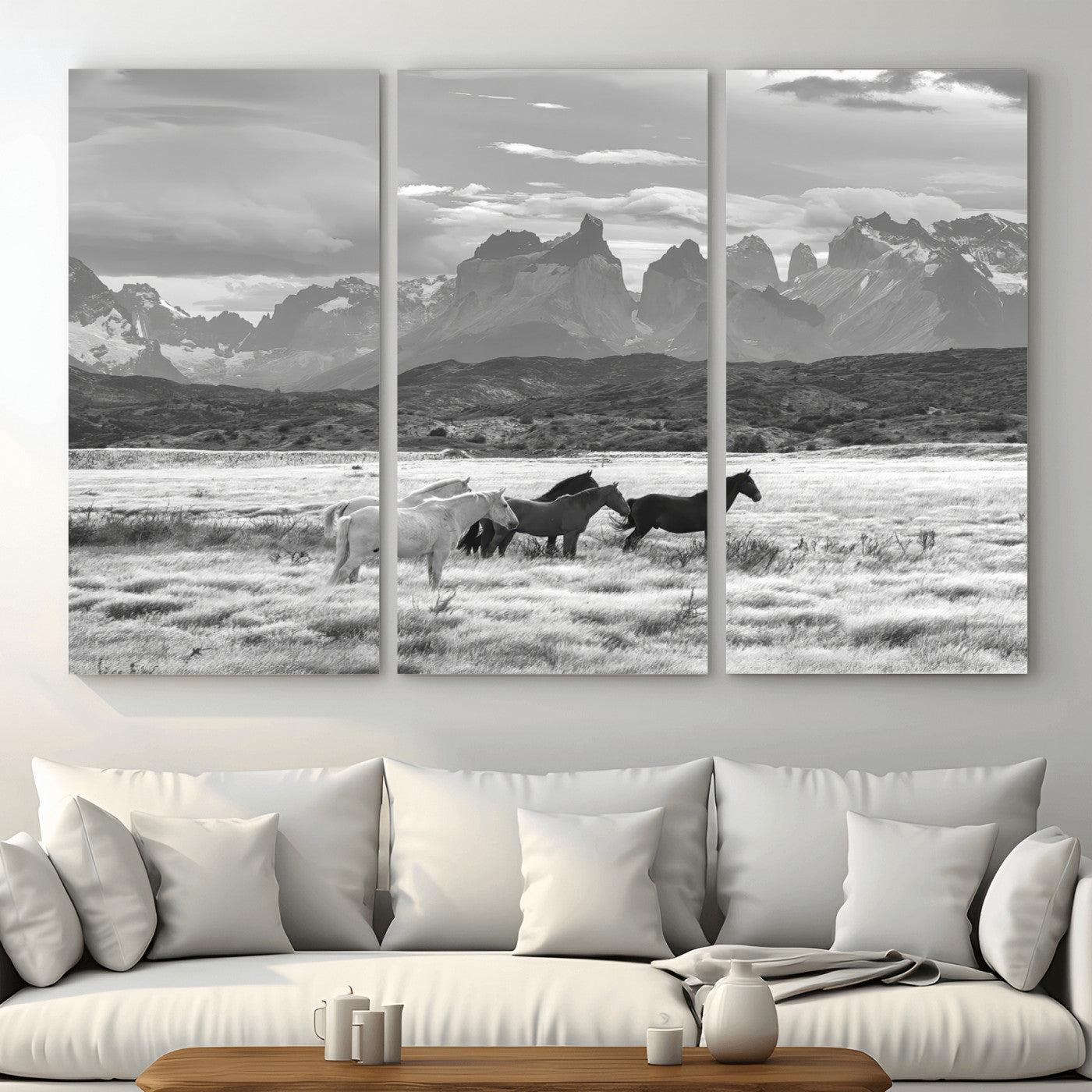 MGV-CV-48X32-3P - Wild Horses Wall Art Canvas Print, Framed Black White Mountains Art Picture Print, Rustic Countryside Perfect Rustic Western Decor Artwork