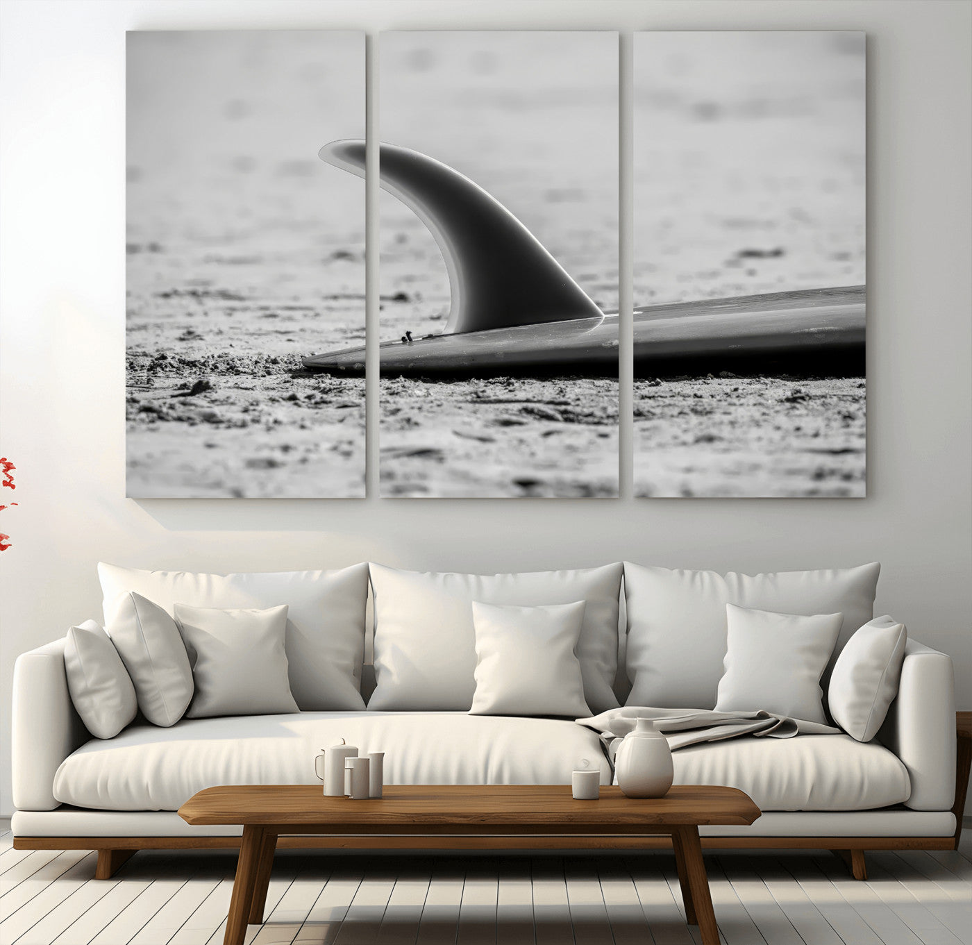 MGV-CV-48X32-3P - Black White Surfboard Wall Art Canvas Print, Framed Minimalist Beach Art Picture Print, Surf Fin Perfect Minimalist Coastal Decor Artwork