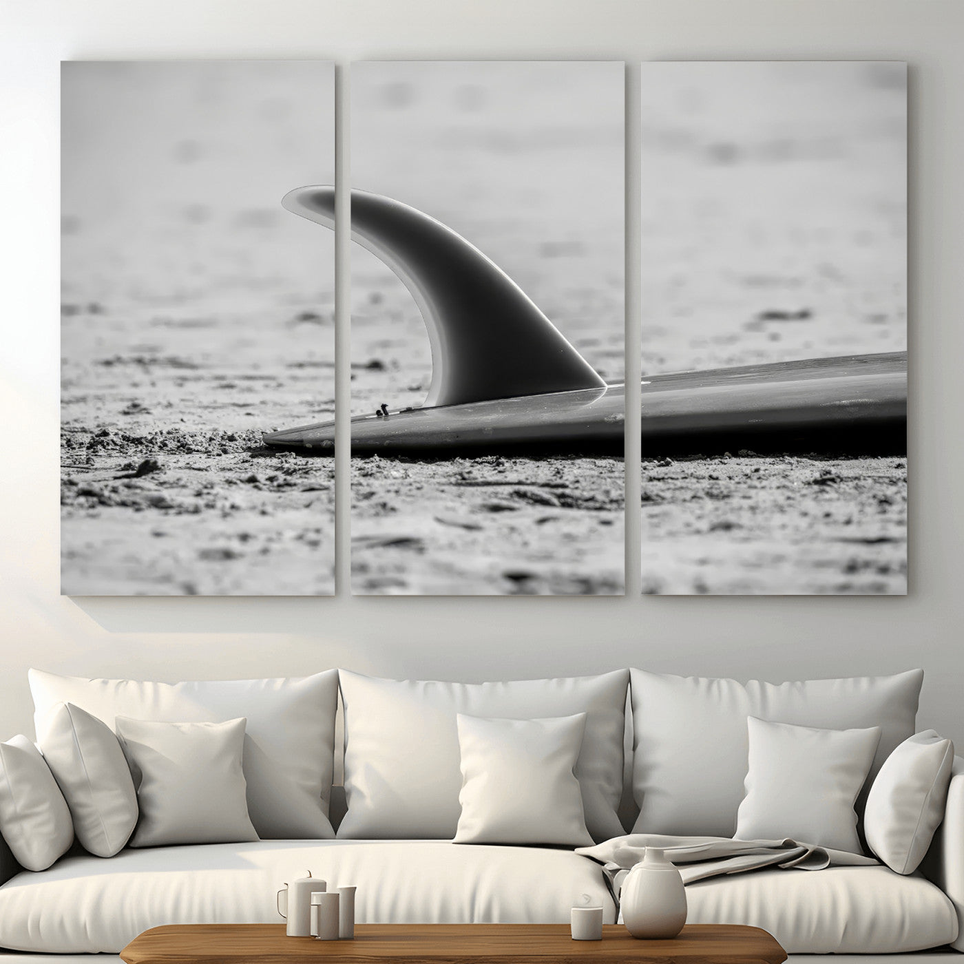 MGV-CV-48X32-3P - Black White Surfboard Wall Art Canvas Print, Framed Minimalist Beach Art Picture Print, Surf Fin Perfect Minimalist Coastal Decor Artwork