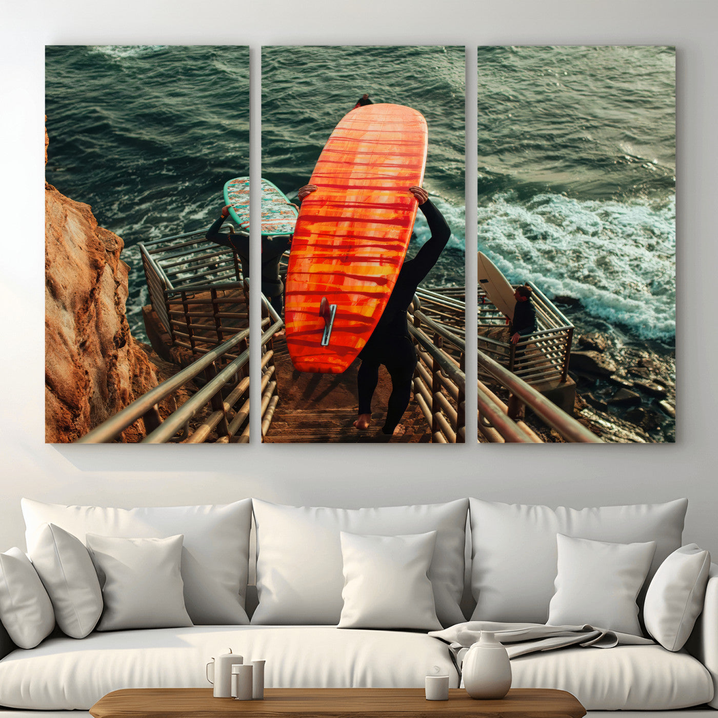 MGV-CV-48X32-3P - Surfer Stairway Wall Art Canvas Print, Framed Ocean Surf Art Picture Print, Sunset Coastal Perfect Coastal Adventure Decor Artwork