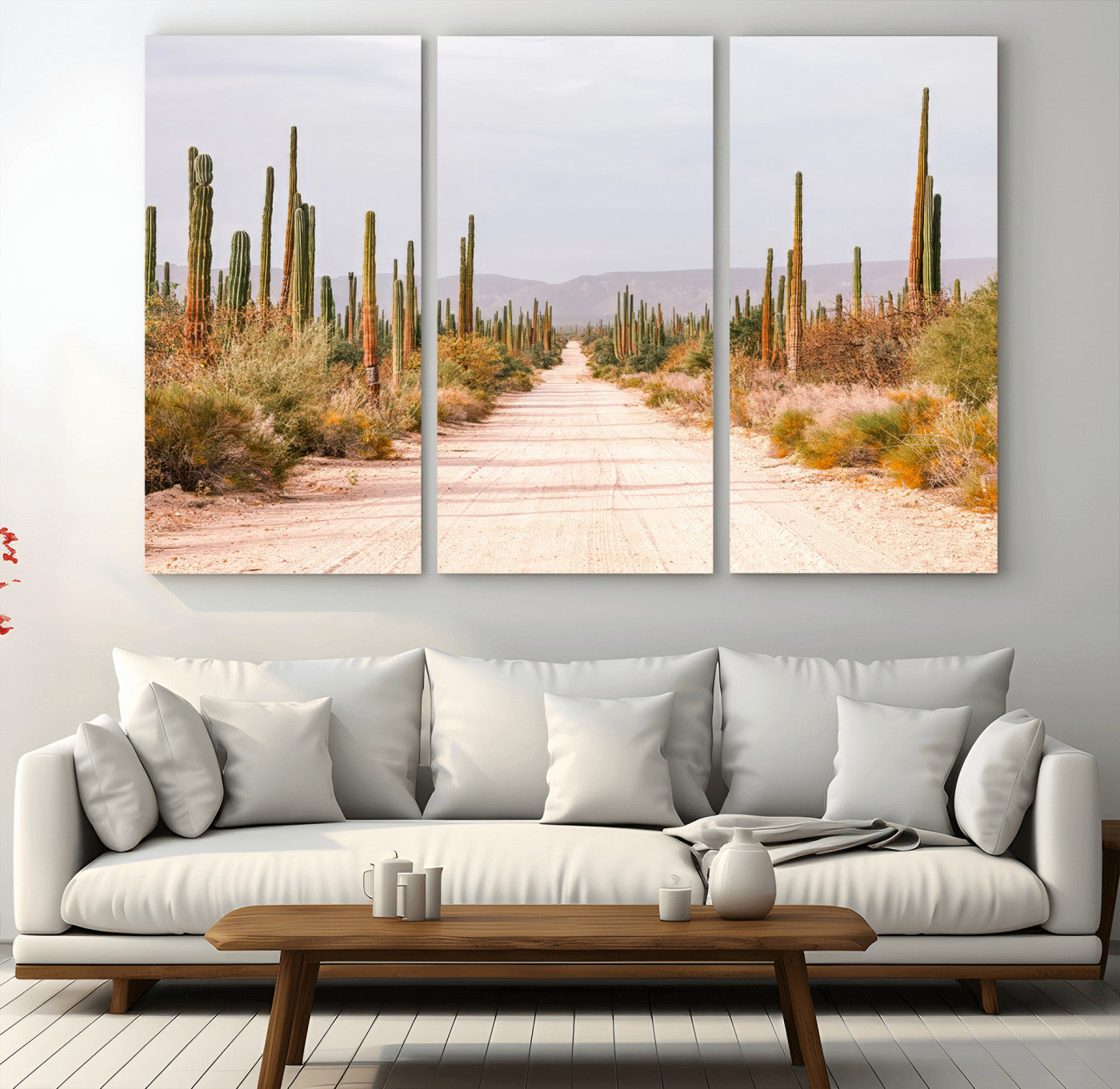 MGV-CV-48X32-3P - Desert Cactus Lined Road Wall Art Canvas Print, Framed Southwestern Landscape Art Picture Print, Bohemian Western Aesthetic Perfect Southwestern Boho Decor Artwork
