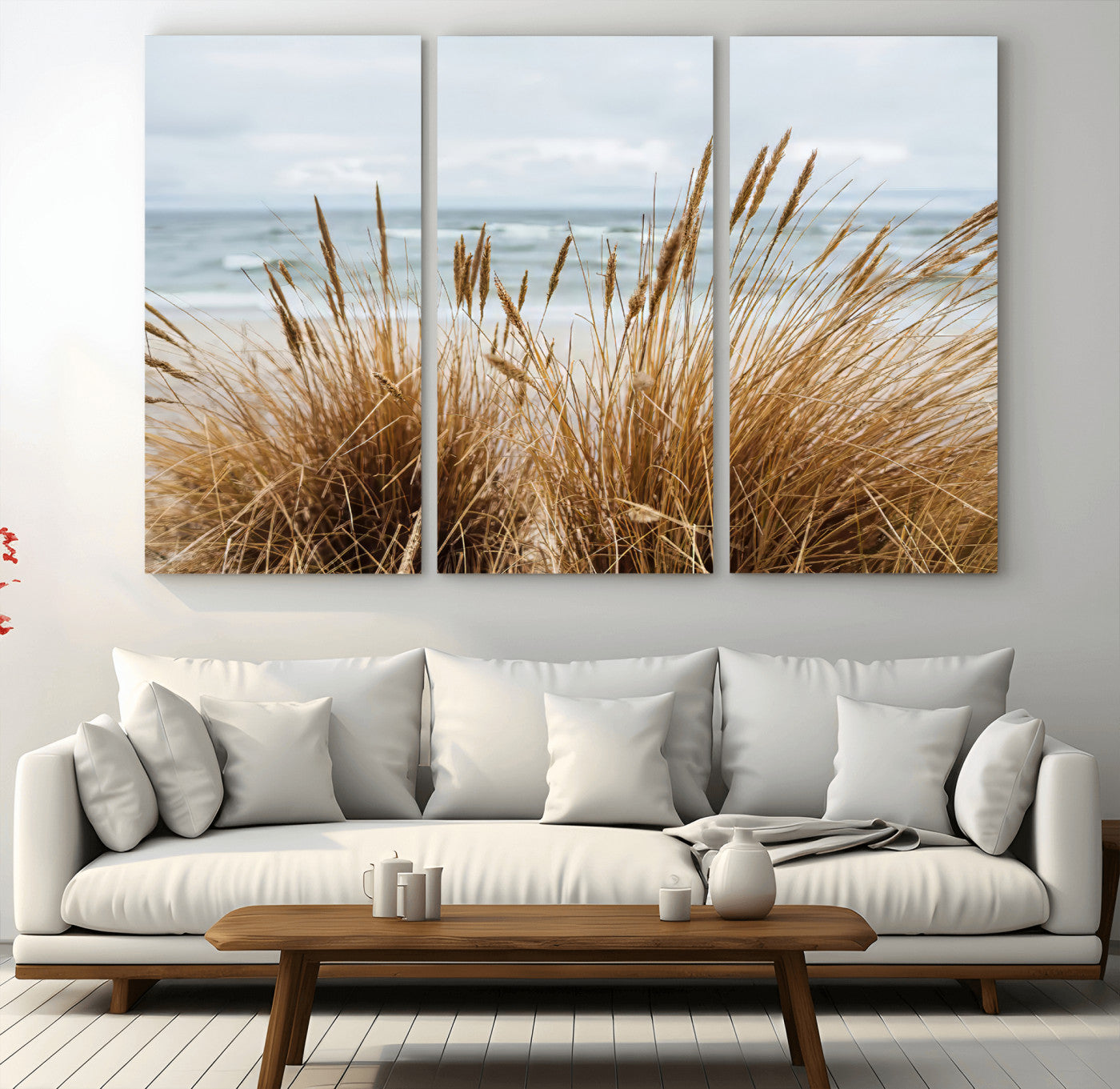 MGV-CV-48X32-3P - Beach Grass Wall Art Canvas Print, Framed Coastal Dunes Art Picture Print, Dune Grass Perfect Coastal Minimalist Decor Artwork