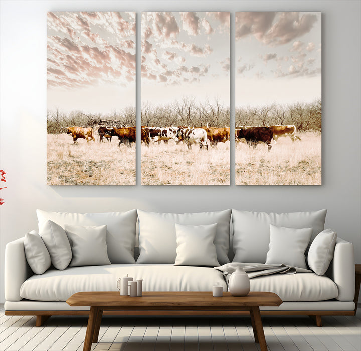 Longhorn Cattle Wall Art Canvas Print, Texas Ranch Print, Framed Western Cow Art Print, Large Prairie Landscape Printing Perfect for Western Decor