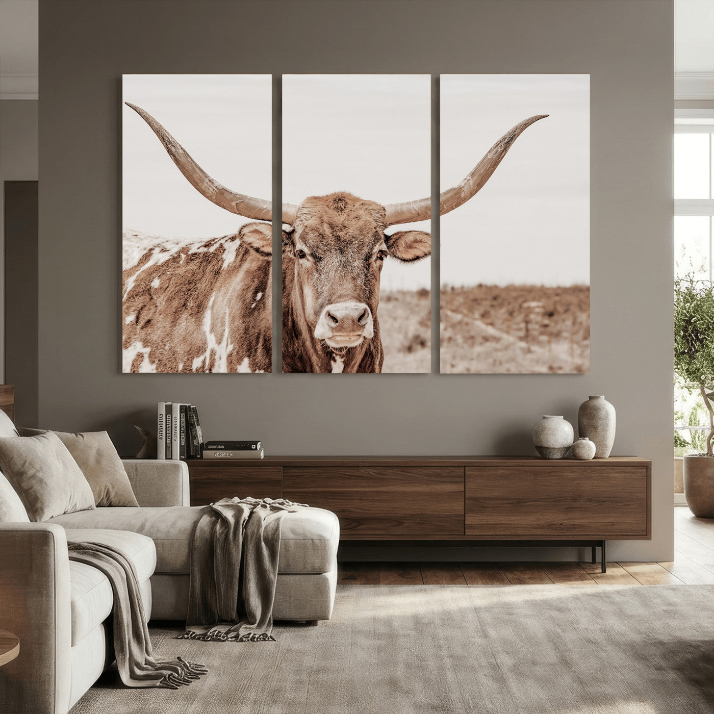 39964150-MGV-CV-36X24 - Longhorn Cow Wall Art Canvas Print, Texas Ranch Print, Framed Western Bull Art Print, Large BigHorn Cowboy Printing Perfect for County Decor