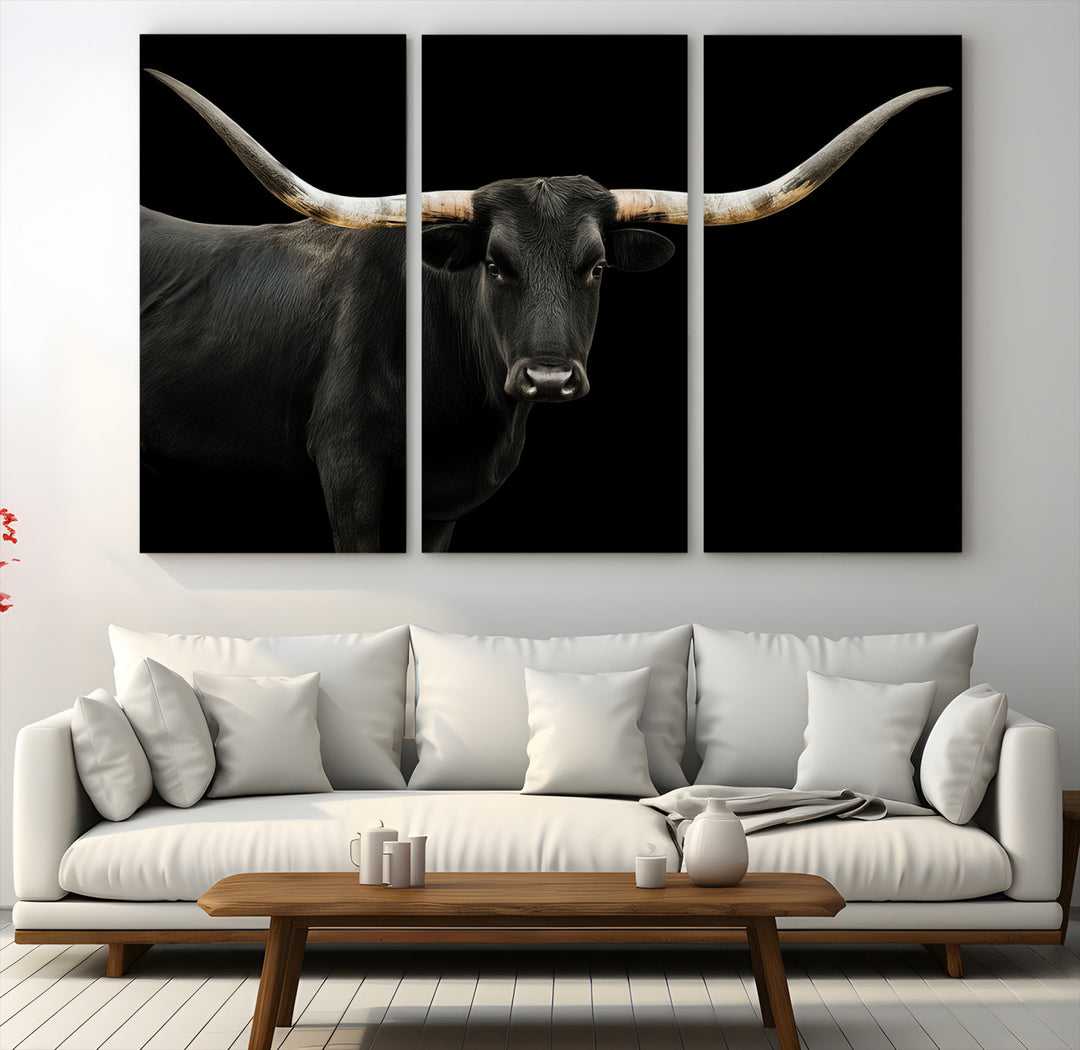 Black White Longhorn Bull Wall Art Canvas Print, Texas Ranch Print, Framed Western Cow Art Print for Farmhouse Decor - Longhorn Print