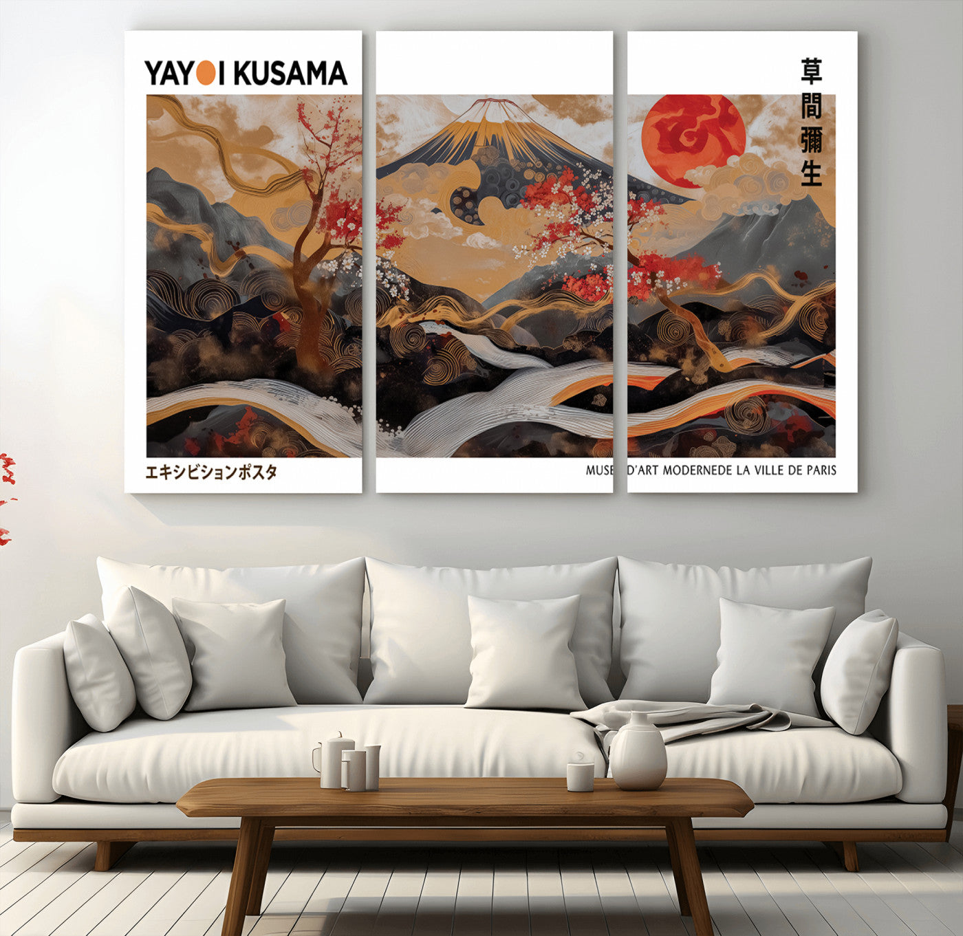 40959107-MGV-CV-36X24-Modern Japanese Wall Art Canvas Print – Framed Abstract Mount Fuji Scene Inspired Yayoi Kusama for Home, Office