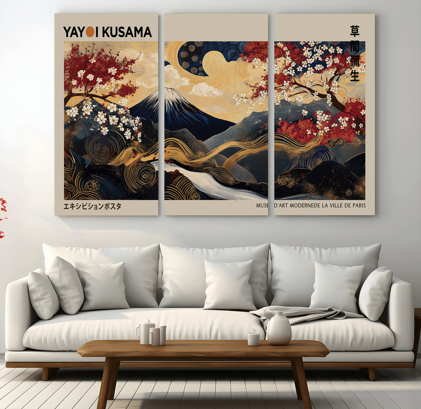 MGV-CV-48X32-3P - Modern Japanese Wall Art, Yayoi Kusama Japanese Print Wall Art, Abstract Mount Fuji Canvas Print,