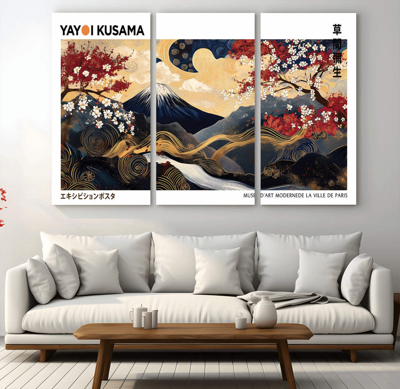 MGV-CV-48X32-3P - Modern Mount Fuji Print, Yayoi Kusama Canvas Wall Art, Abstract Mount Fuji Canvas Print, Japanese