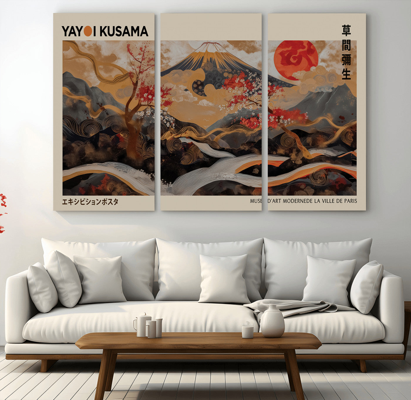 MGV-CV-48X32-3P - Modern Japanese Wall Art Print Yayoi Kusama Canvas Wall Art Abstract Mount Fuji Canvas Print