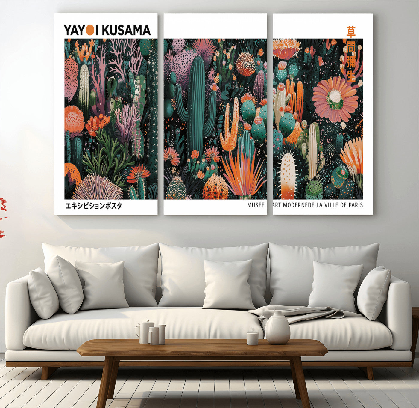 MGV-CV-48X32-3P - Modern Japanese Wall Art Print, Yayoi Kusama Print Wall Decor, Abstract Mount Fuji Canvas Print,