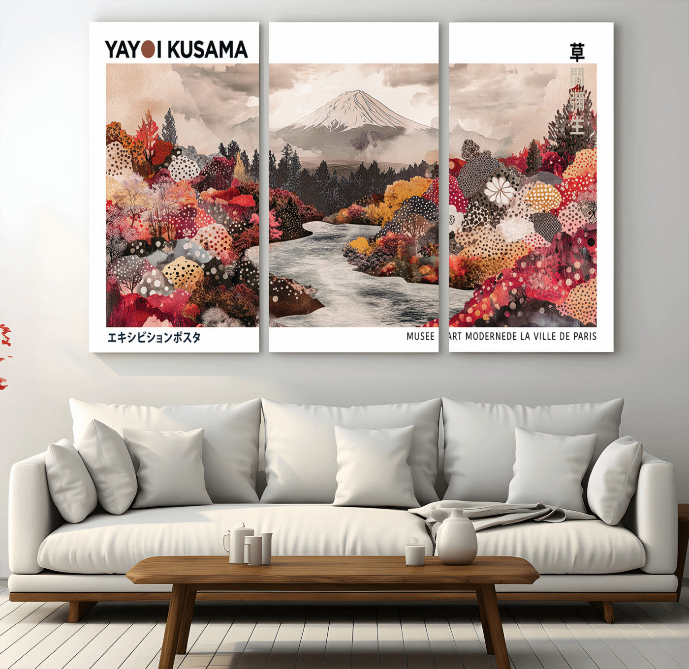 MGV-CV-48X32-3P - Modern Japanese Wall Art Print, Yayoi Kusama Canvas Wall Art, Abstract Mount Fuji Art Canvas Print,