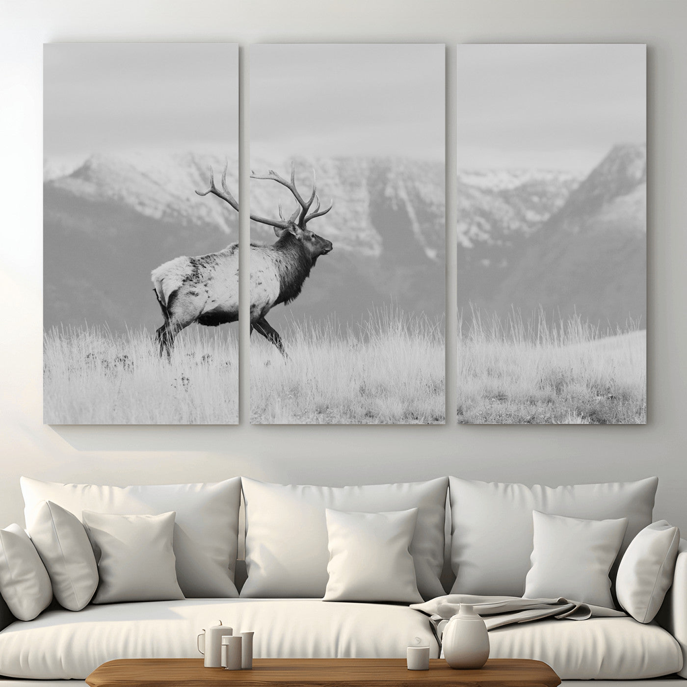 36150391-MGV-CV-48X32-3P - Wall Art Canvas Print – Majestic Elk Black & White Wilderness, Scenic Mountain and Grassland Landscape, Wildlife Nature Decor for Home or Office