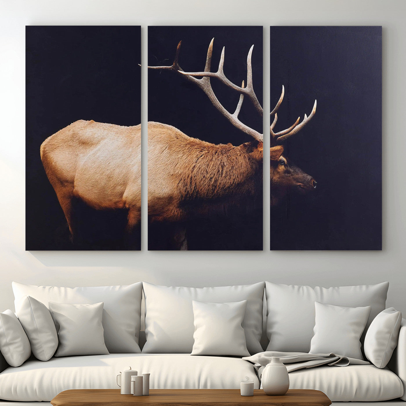 89239257-MGV-CV-48X32-3P - Rustic Elk Wall Art Canvas Print – Framed Moody Wildlife Art Picture Western Animal Artwork for Home, Office