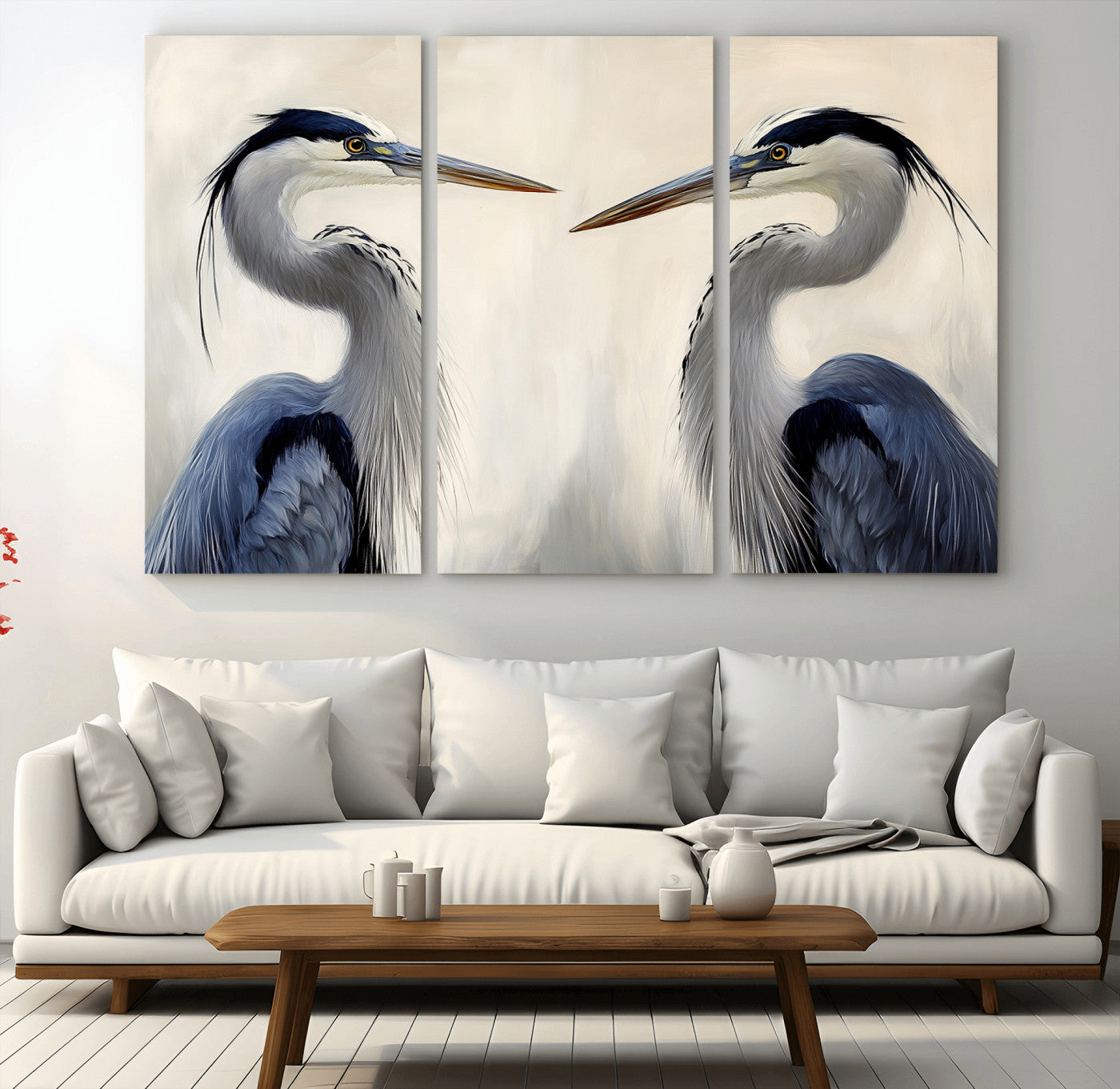MGV-CV-48X32-3P - Blue Heron Pair Wall Art Canvas Print, Framed Coastal Bird Theme Art Picture Print, Tranquil Wildlife Scene Perfect Coastal Minimalist Decor Artwork